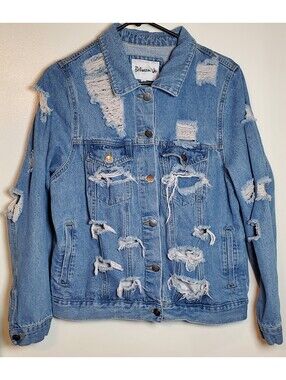 Between Us Distressed Denim Jacket Women’s 1X Ripped Trucker Jean Coat GUC
